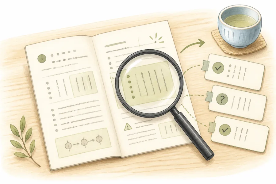 A guide examined under a magnifying glass, with labelled readings beside a cup of tea