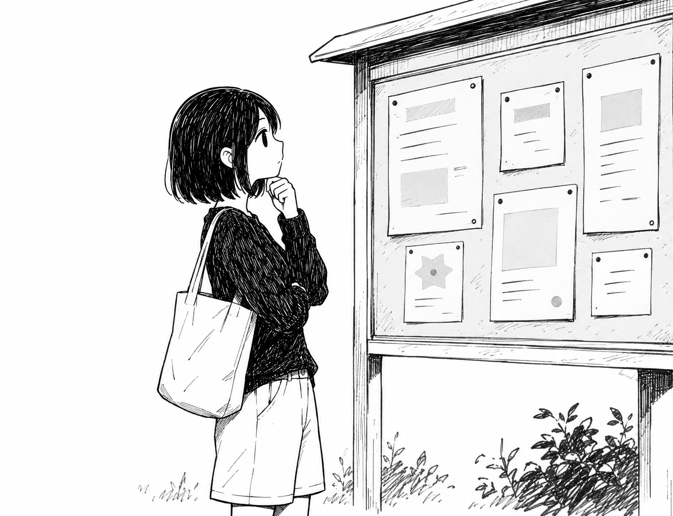 Wakomi reading a neighbourhood noticeboard